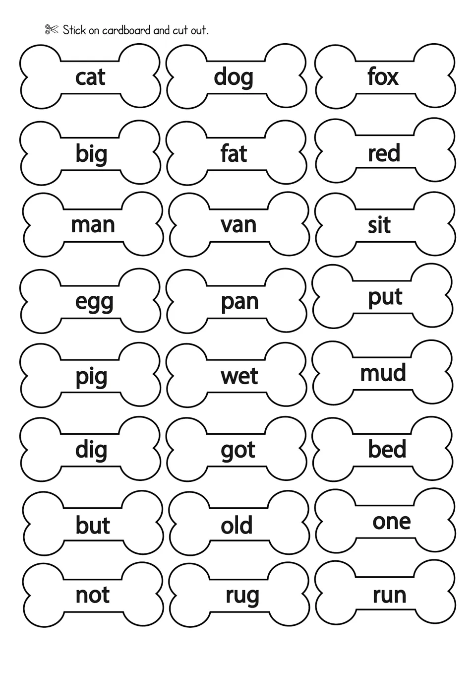 Word bone cards to cut out: 24 short words for decoding practice, including cat, dog, fox, big, red, egg, mud, bed and run