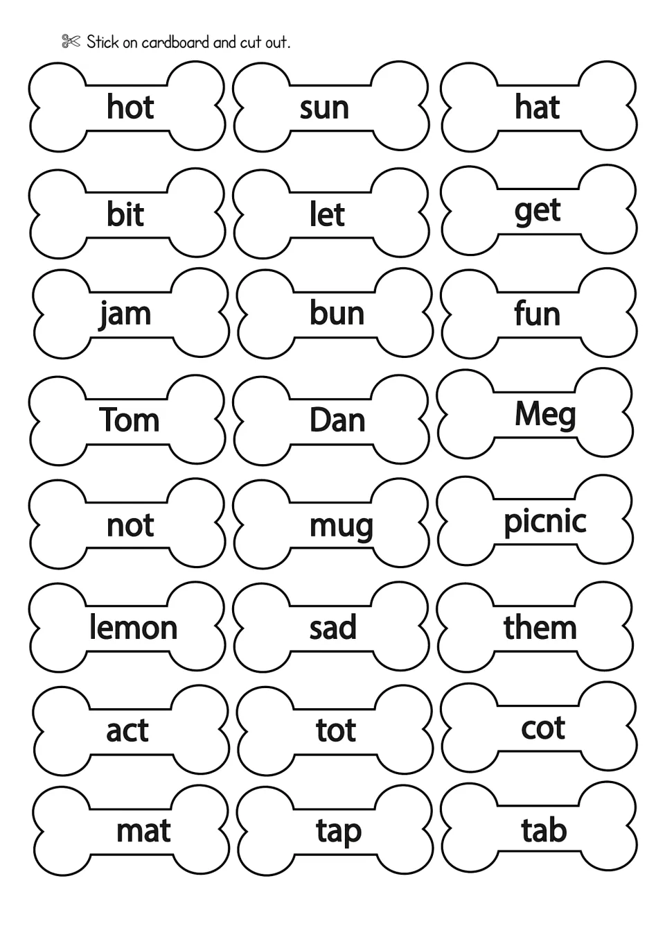 Second sheet of 24 word bones with CVC words and names such as hot, sun, jam, Tom, Meg, mug, picnic, lemon and tab