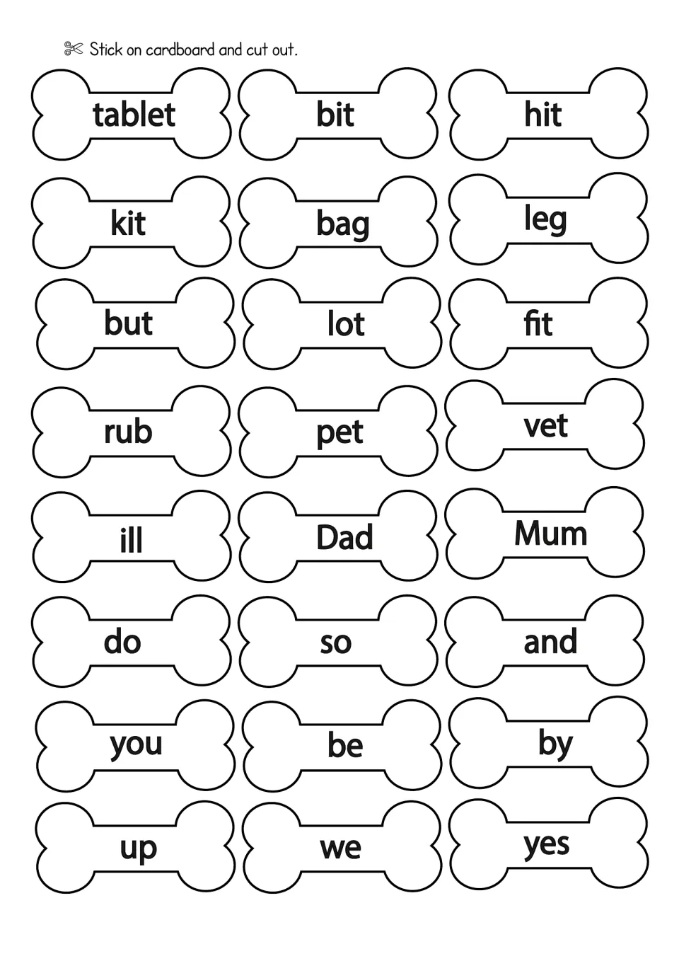 Word bones mixing CVC words with short words: tablet, kit, bag, vet, Dad, Mum, do, so, and, you, be, by, up, yes