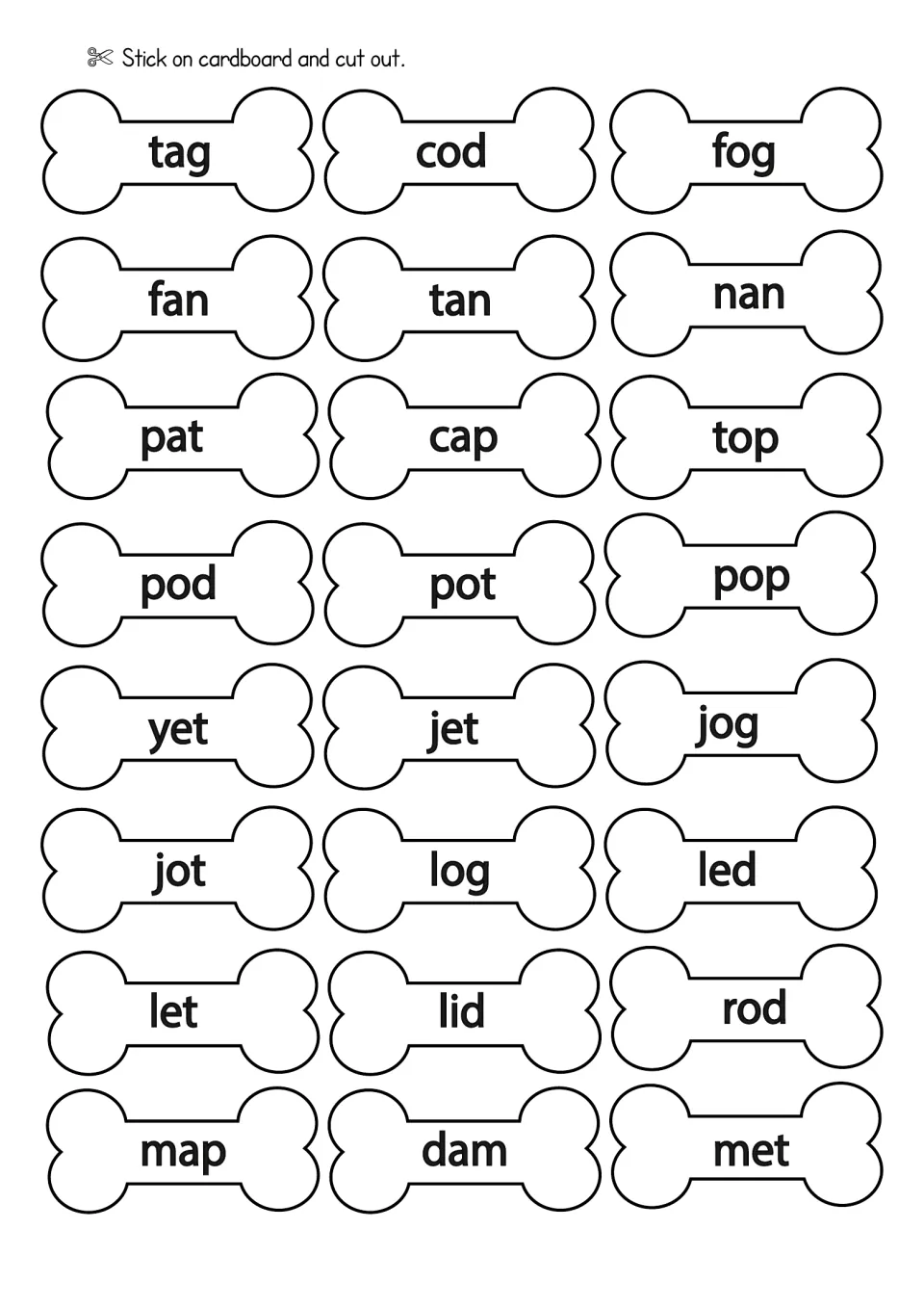 CVC word bones for blending: tag, cod, fog, fan, nan, pat, cap, pod, pot, jet, jog, log, rod, map, dam and met