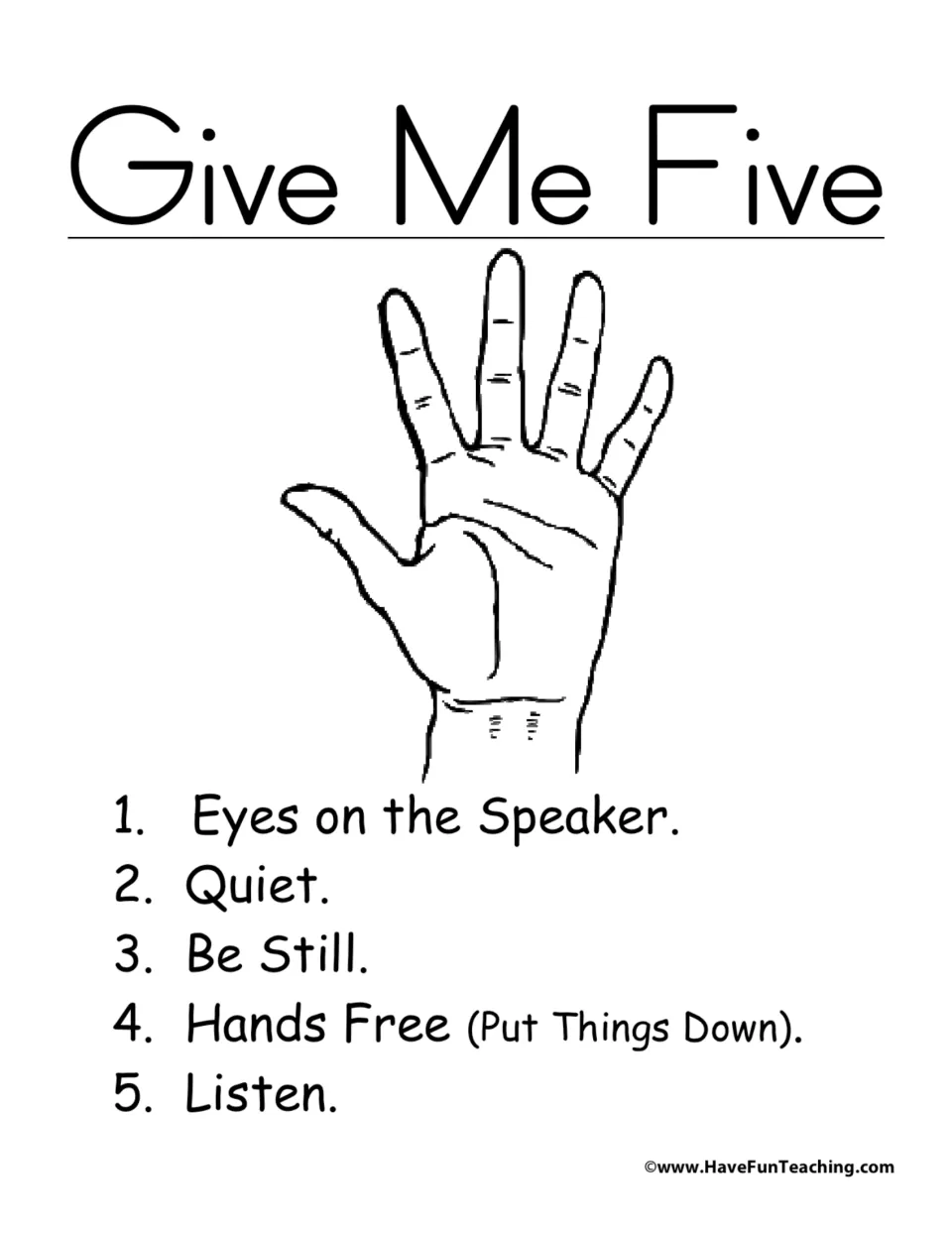 Attention signal poster: open hand above five listening steps, eyes on speaker, quiet, be still, hands free, listen