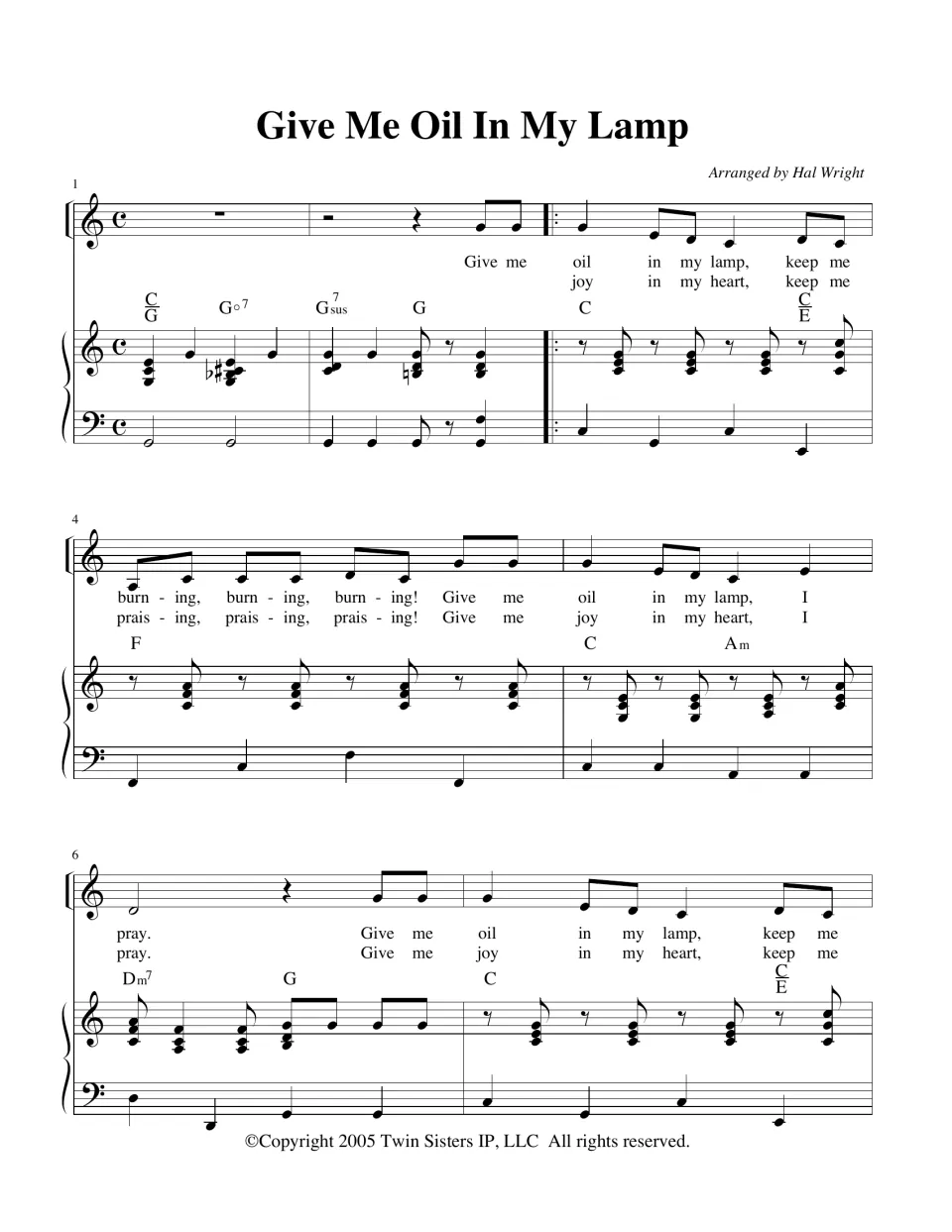 Give Me Oil In My Lamp, arranged by Hal Wright: bars 1-7 of vocal line with two verses, chord symbols and piano part in C