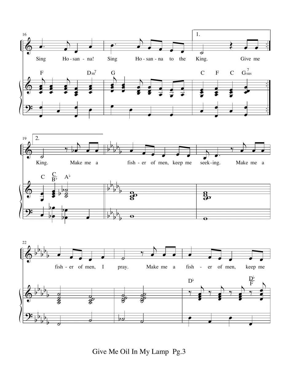Bars 16-24: chorus end with 1st and 2nd endings, then a key change to D-flat for the 'Make me a fisher of men' verse