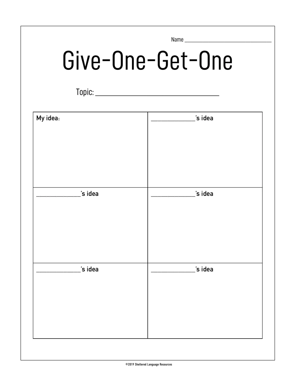 Give-One-Get-One template: students write a topic and their own idea, then record five classmates' ideas by name