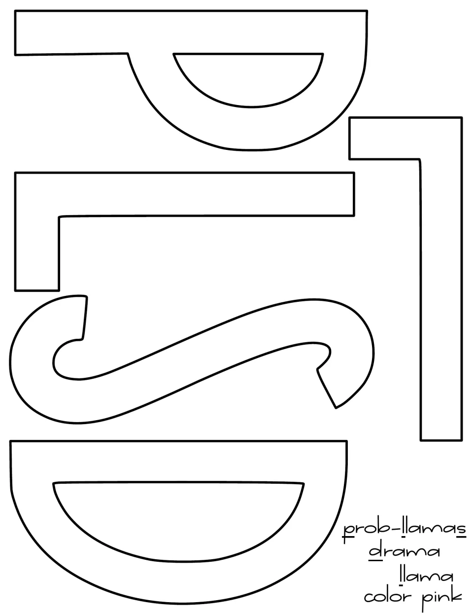 Outline letter cutouts for the llama display slogan, with pink color directions for selected letters