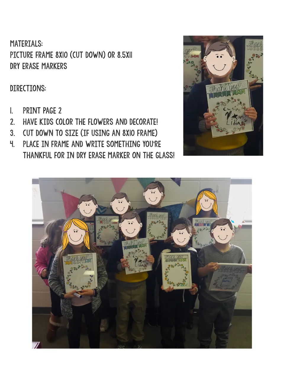 Thank-you frame craft directions: materials and 4 steps to color, cut, frame and write a thankful note in dry erase