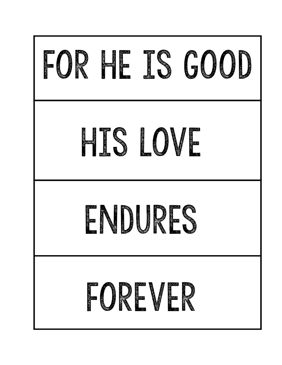 Psalm 136:1 verse cards continued: cut-out pieces reading for he is good, his love, endures, forever to put in order