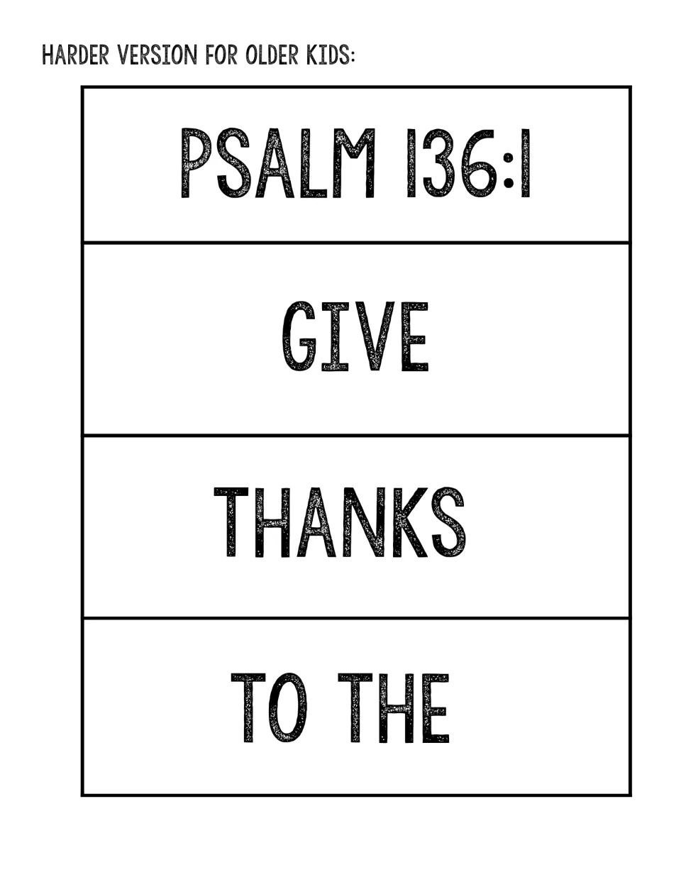 Psalm 136:1 verse cards, harder version: cut-out pieces reading Psalm 136:1, Give, Thanks, to the for word ordering