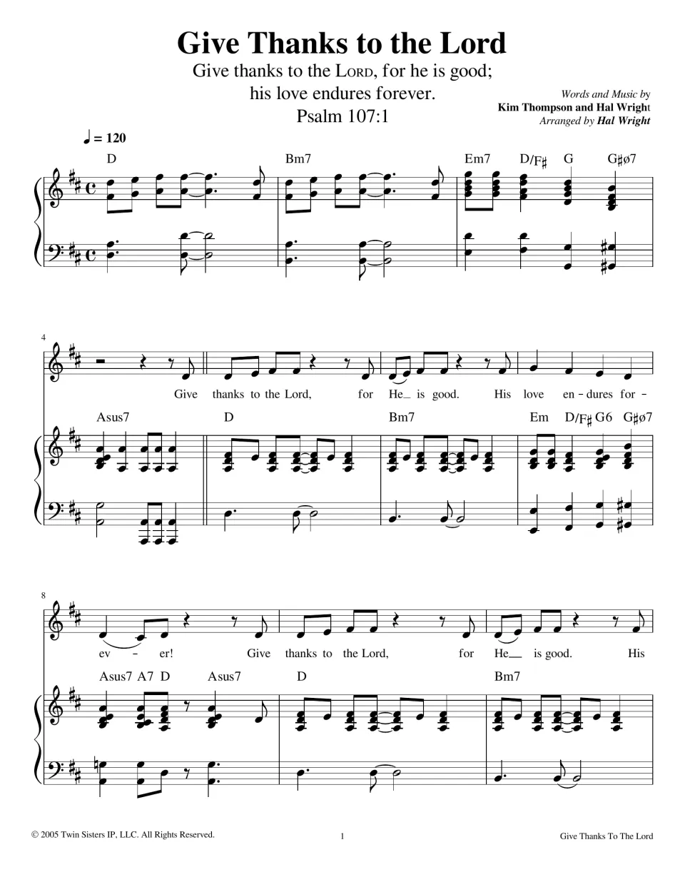 Give Thanks to the Lord vocal and piano score, bars 1-10 in D major, with Psalm 107:1 quote, chord symbols and tempo 120