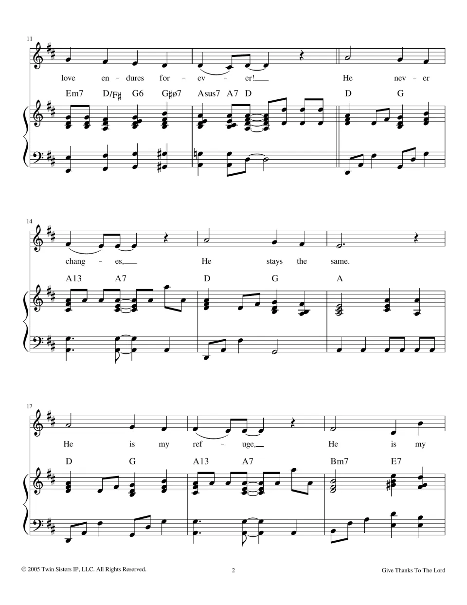 Sheet music bars 11-19 in D major: verse lyrics He never changes, He stays the same, He is my refuge with piano chords