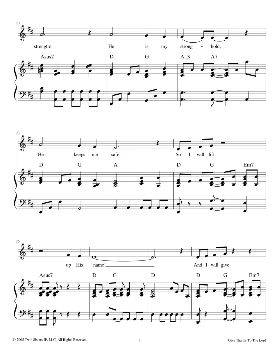 Song score bars 20-29 in D: lyrics He is my strength, my stronghold, He keeps me safe, So I will lift up His name