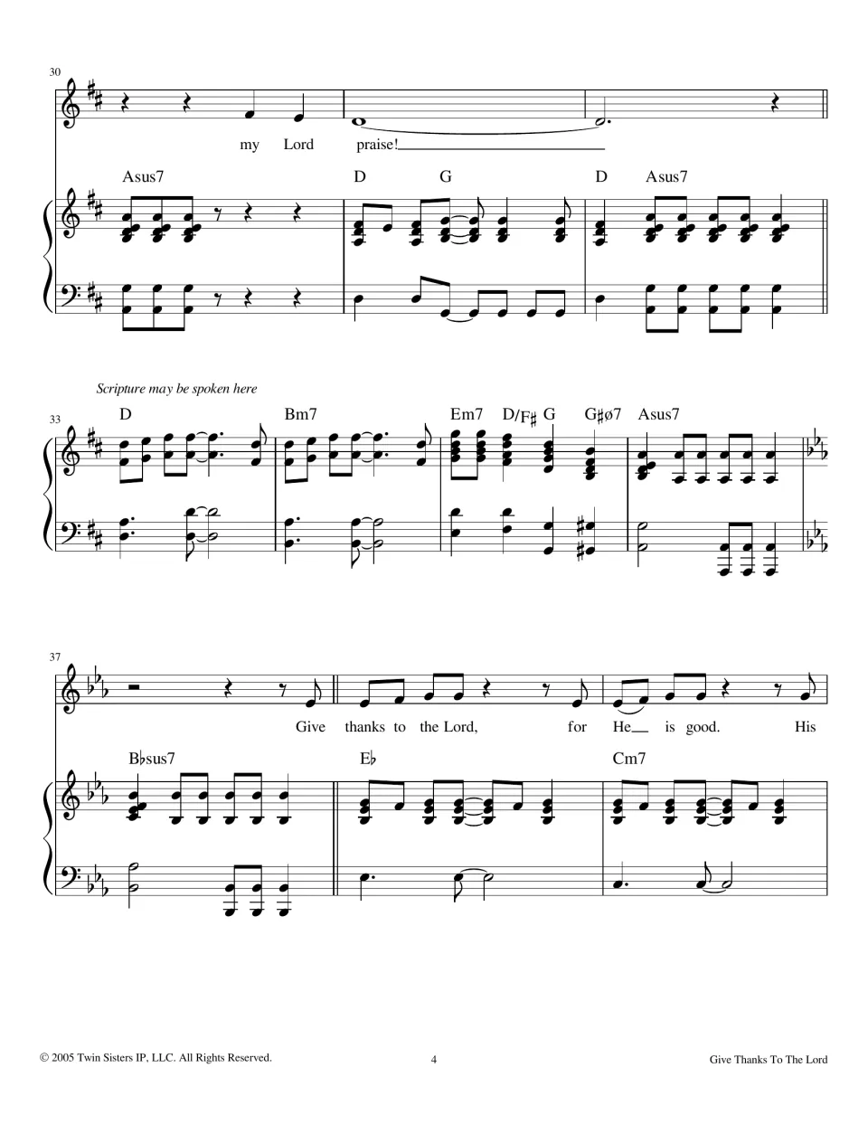 Score bars 30-39: my Lord praise ending, a piano interlude marked Scripture may be spoken here, then a key change to E-flat