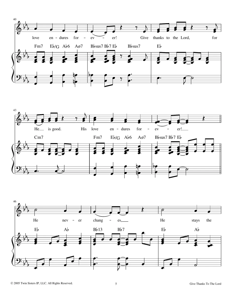 Sheet music bars 40-48 in E-flat: chorus His love endures forever repeats, then He never changes verse with piano chords