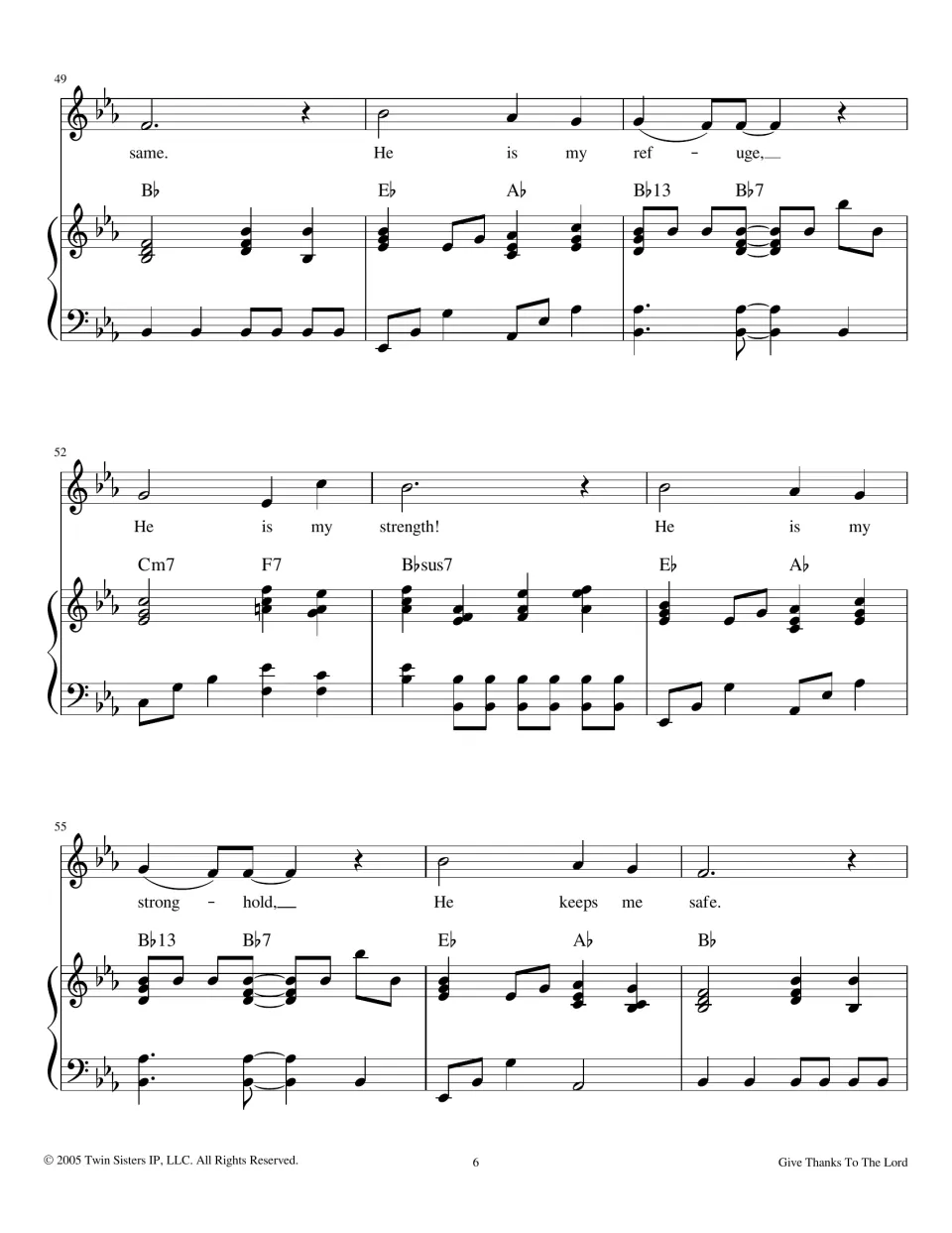 Song score bars 49-57 in E-flat: verse lyrics He stays the same, He is my refuge, my strength, my stronghold, keeps me safe