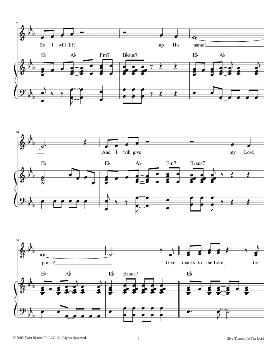 Score bars 58-66 in E-flat: So I will lift up His name, And I will give my Lord praise, held notes, then the chorus returns