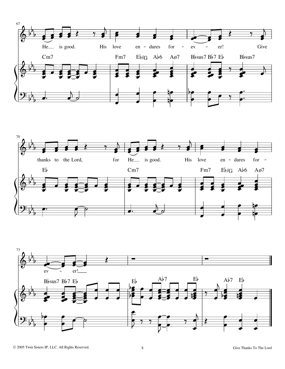 Final score page, bars 67-75 in E-flat: chorus repeats His love endures forever, ending with a piano outro