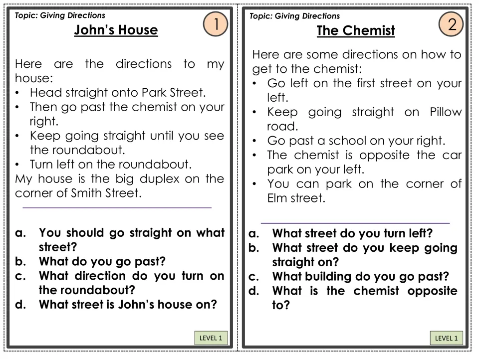 Level 1 direction cards 1–2: John’s House and The Chemist, each with directions and four comprehension questions