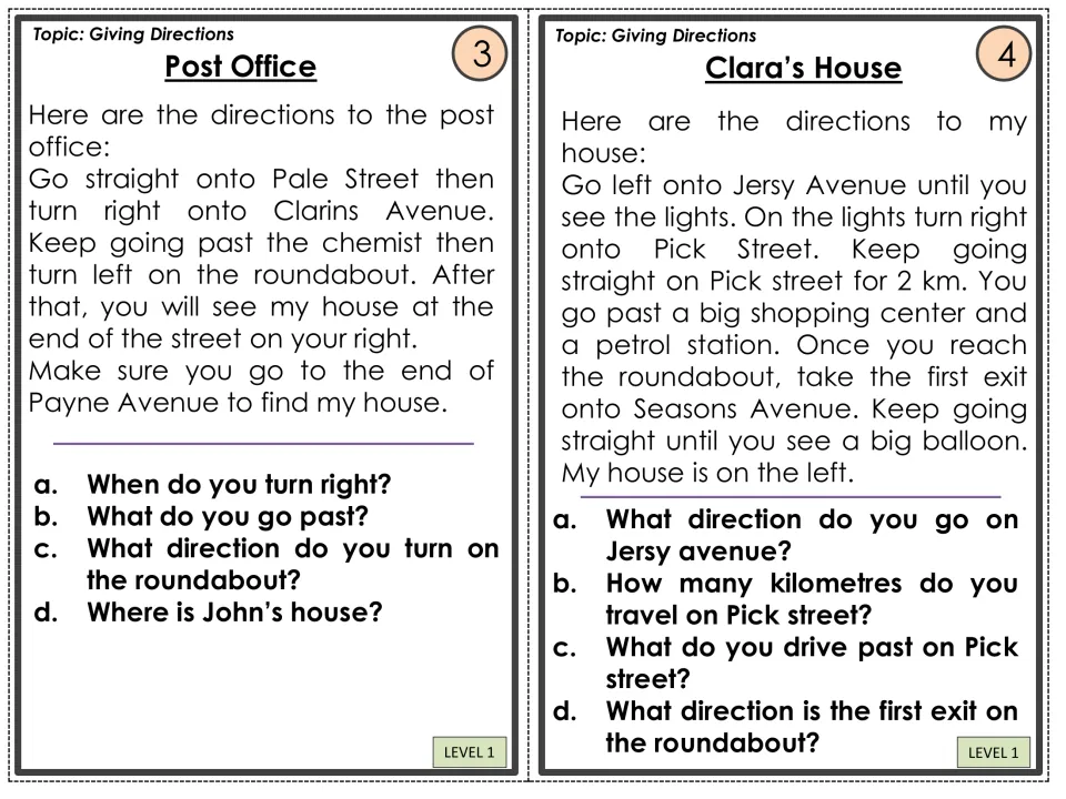 Level 1 direction cards 3–4: Post Office and Clara’s House, with street names, turns, and four questions each