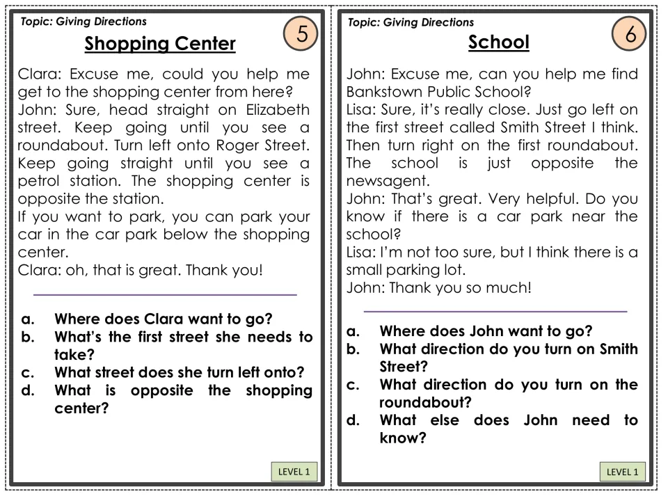 Level 1 direction cards 5–6: Shopping Center and School, with conversations and four questions per card