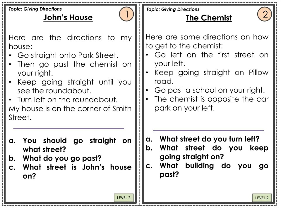Level 2 direction cards 1–2: John’s House and The Chemist, each with directions and three comprehension questions