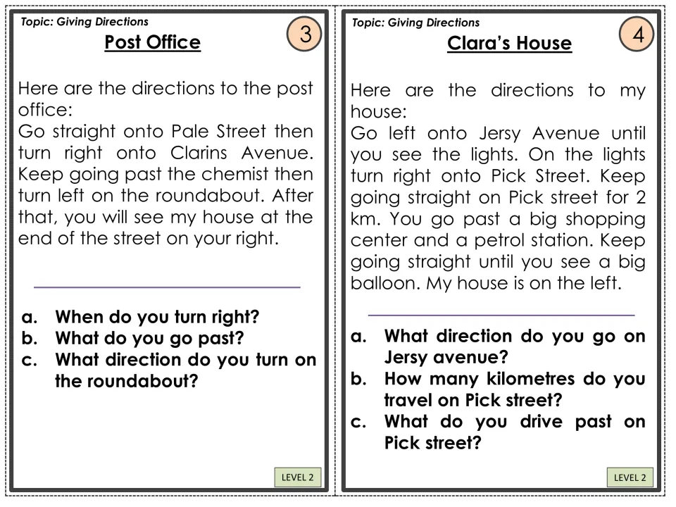 Level 2 direction cards 3–4: Post Office and Clara’s House, with street names, turns, and three questions each