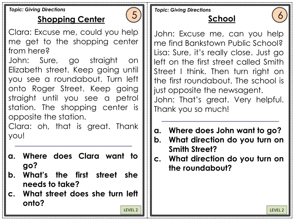 Level 2 direction cards 5–6: Shopping Center and School, with conversations and three questions per card