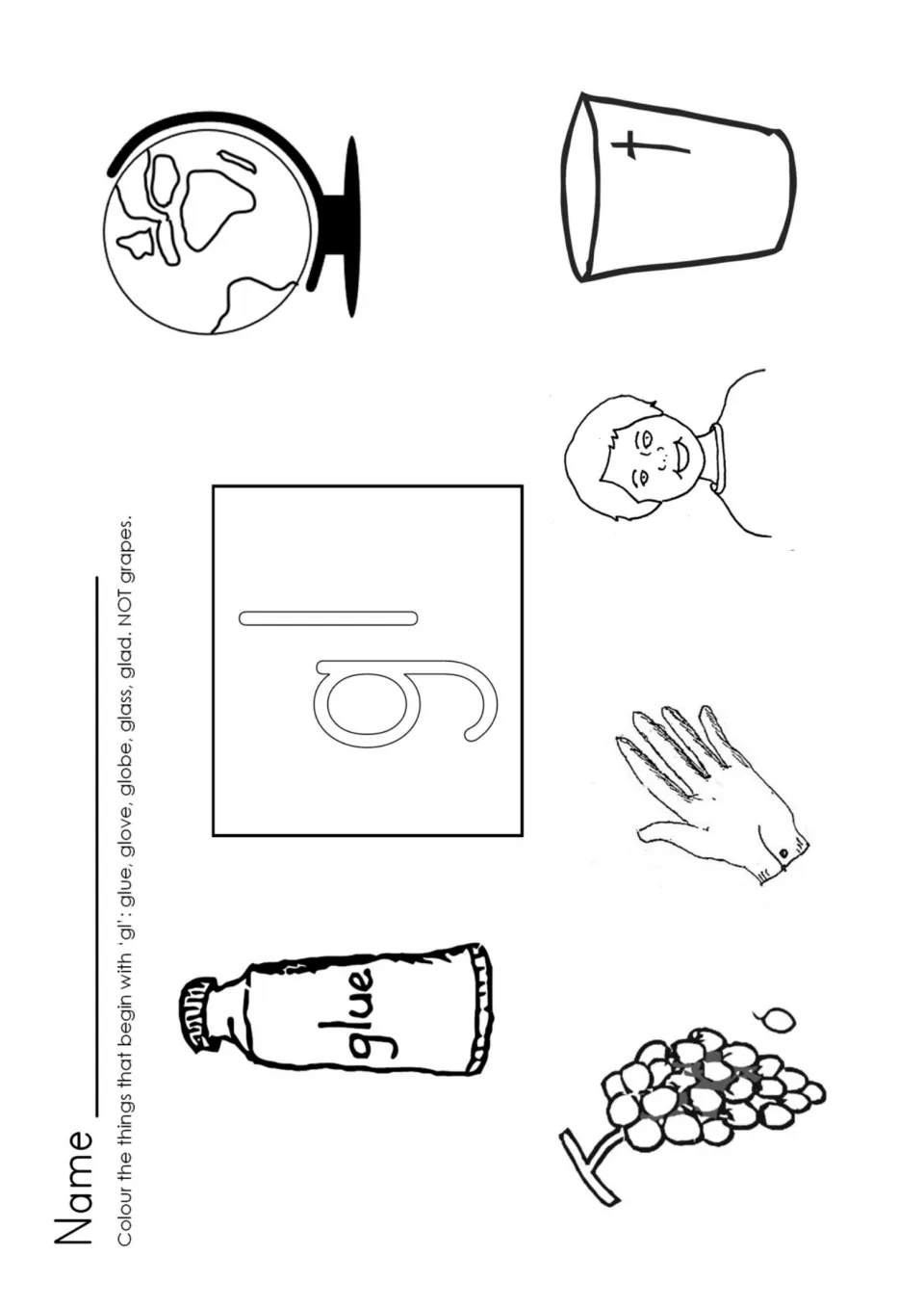 GL blend coloring worksheet: find glue, glove, globe, glass, and glad; leave the grapes uncolored.