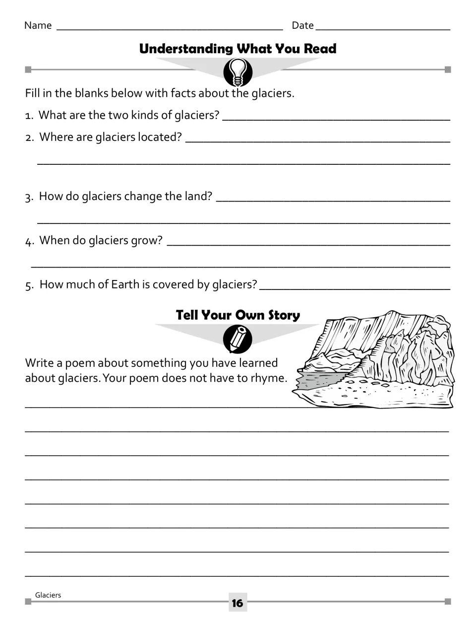 Glacier comprehension activity with five questions about the passage and a prompt to write a glacier poem