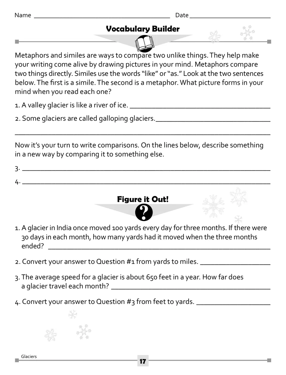 Glacier activities on similes and metaphors, plus four math problems using glacier travel and unit conversions