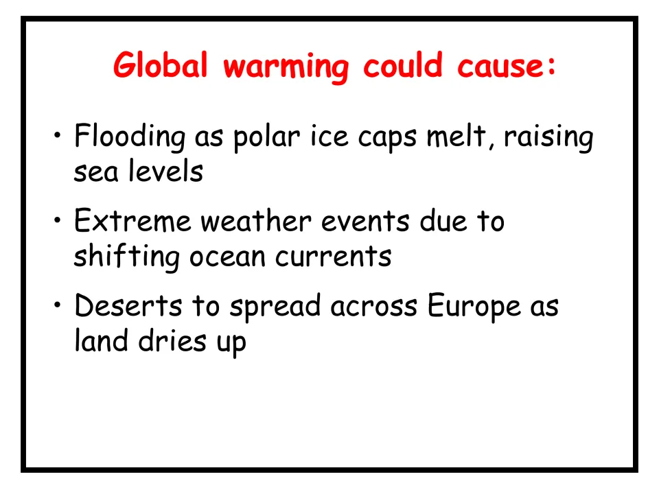 Possible effects slide: flooding from melting polar ice caps, extreme weather events and deserts spreading across Europe