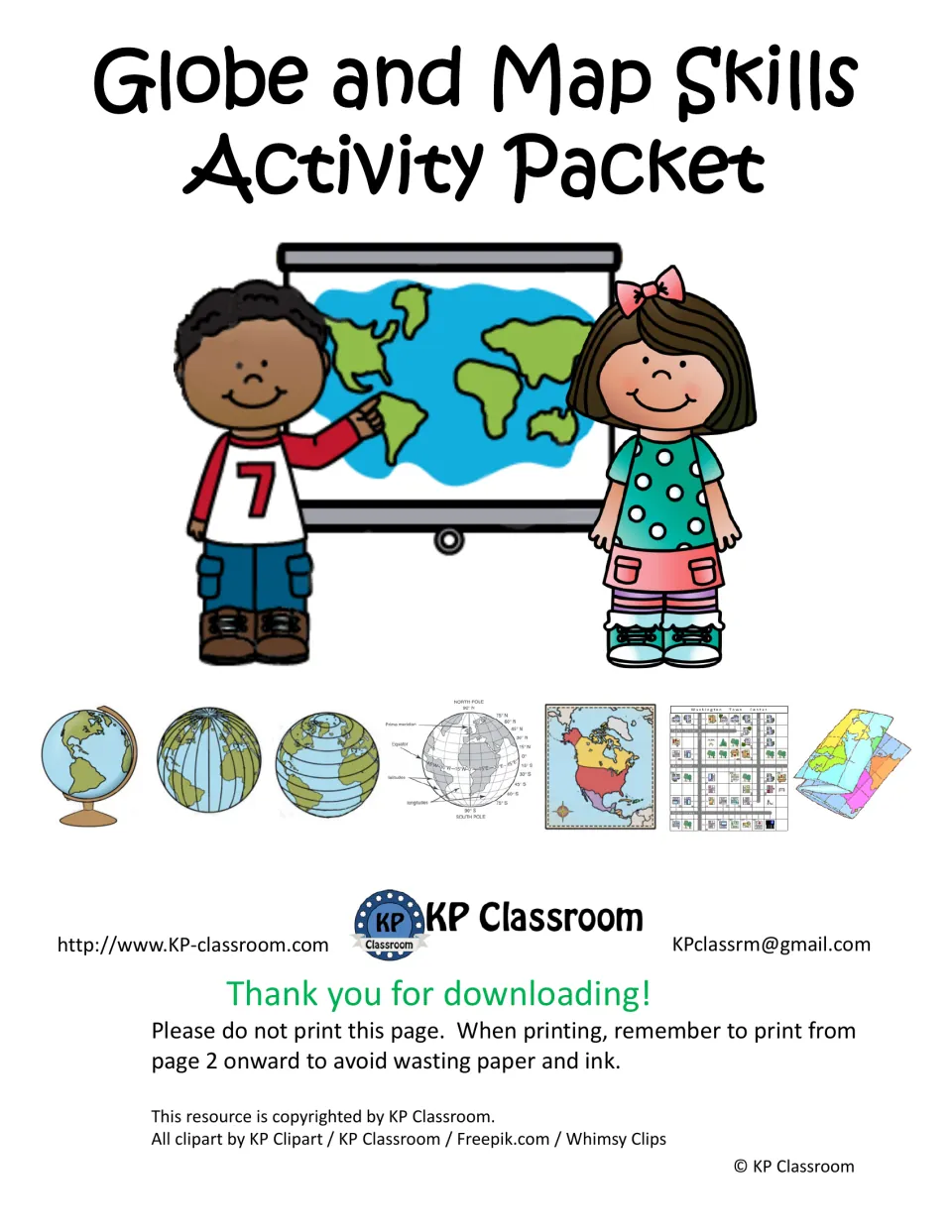 Globe and Map Skills Activity Packet cover showing two children at a world map, globe and map clipart, and a thank-you note