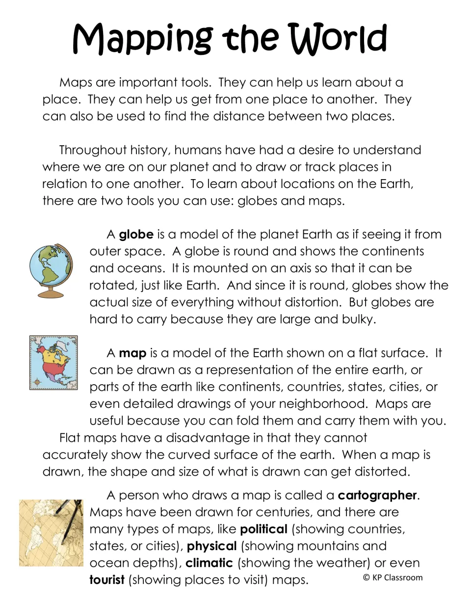 Mapping the World reading passage: students learn how globes and maps differ, their pros and cons, and four map types