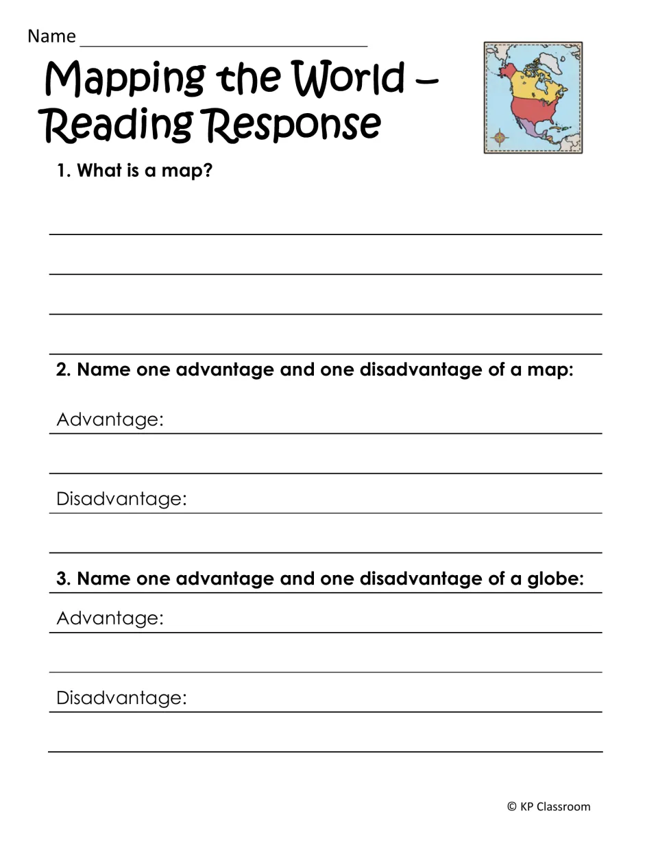 Mapping the World reading response: students define a map and give one advantage and disadvantage each of maps and globes