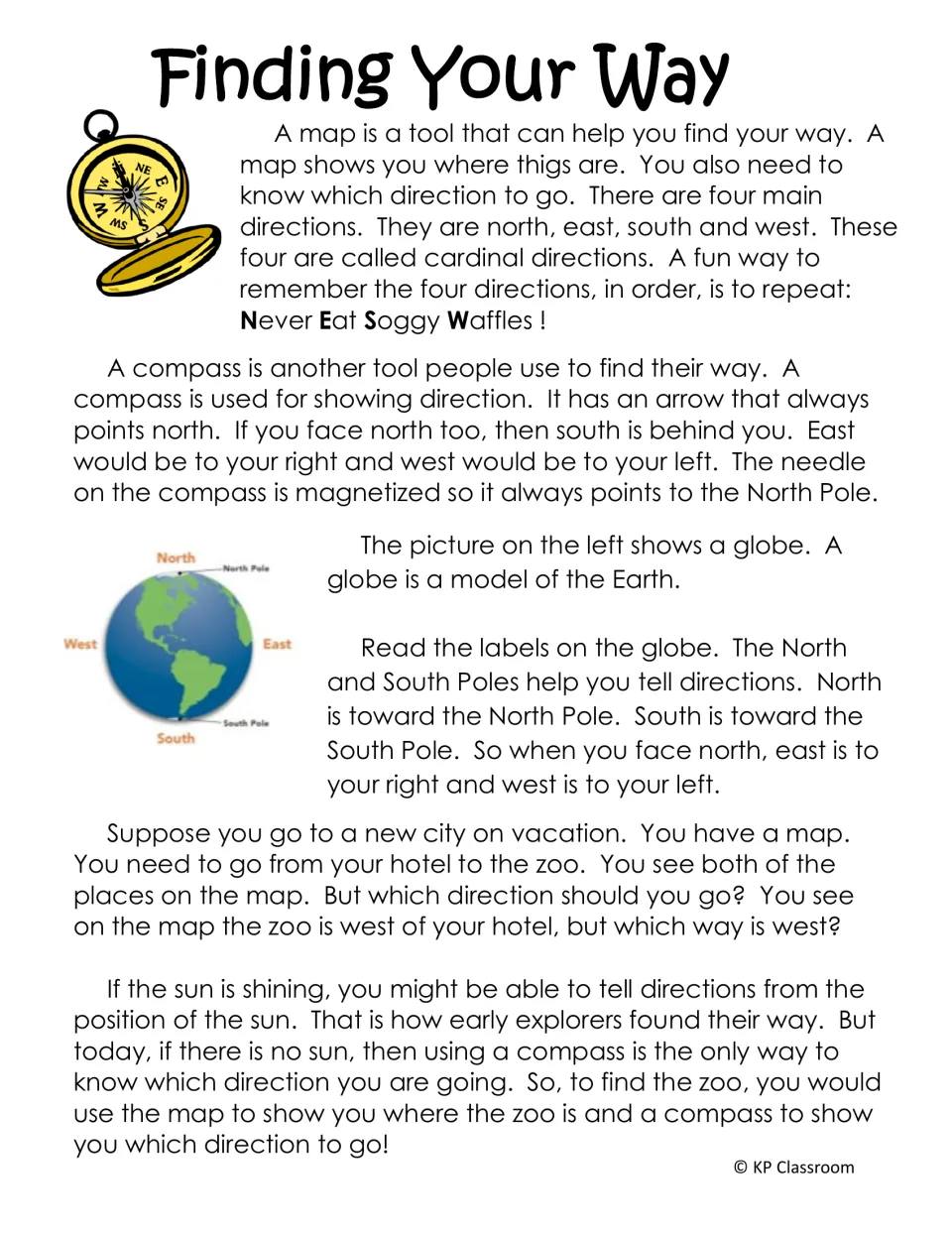 Finding Your Way passage on cardinal directions, the Never Eat Soggy Waffles mnemonic and using a compass to find north