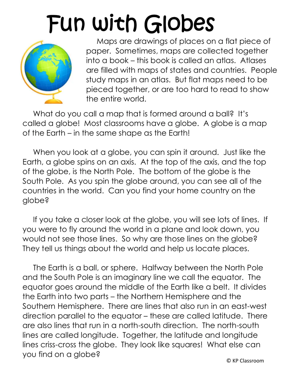 Fun with Globes passage explaining atlases, the axis, poles, equator, hemispheres, and lines of latitude and longitude