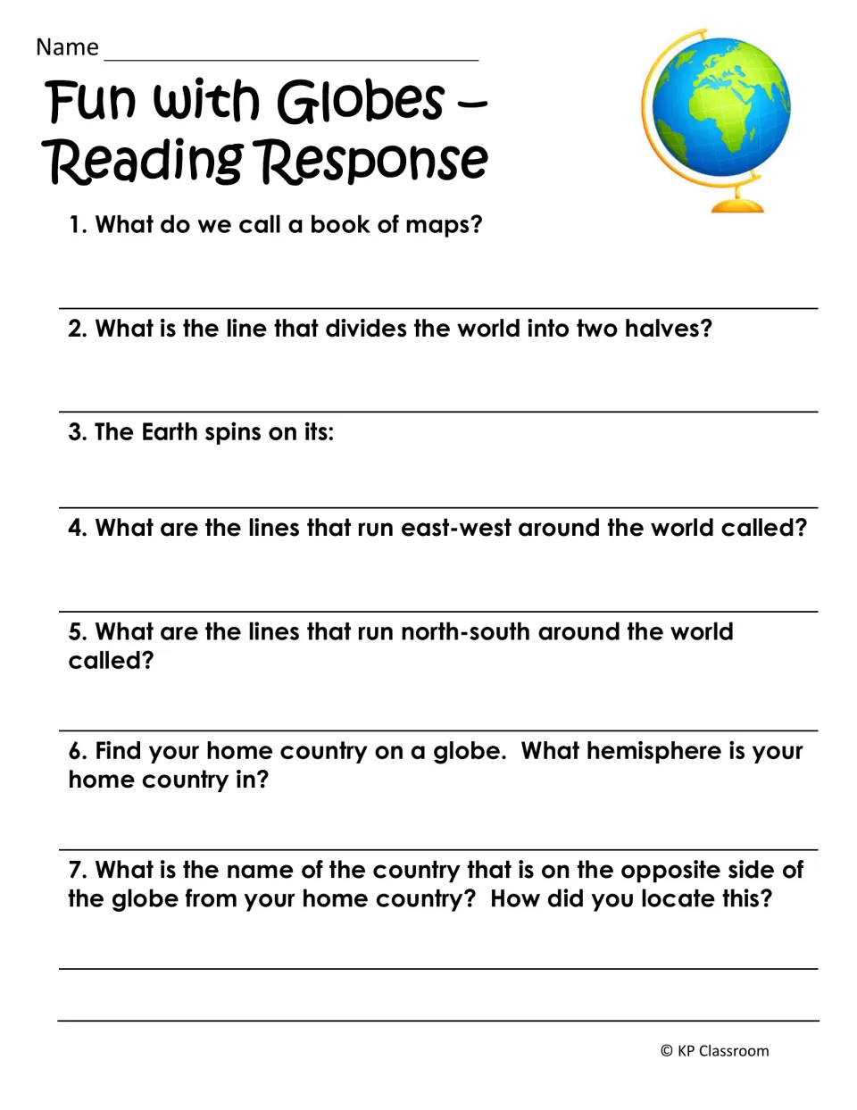 Fun with Globes questions on atlas, equator, axis, latitude and longitude, plus finding your home country's hemisphere