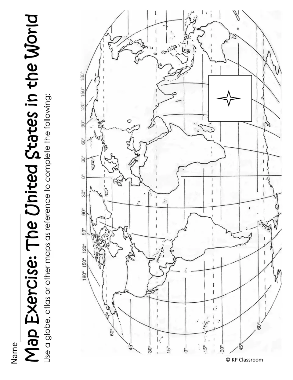 United States in the World blank outline map: students label it using a globe or atlas, including a blank compass rose