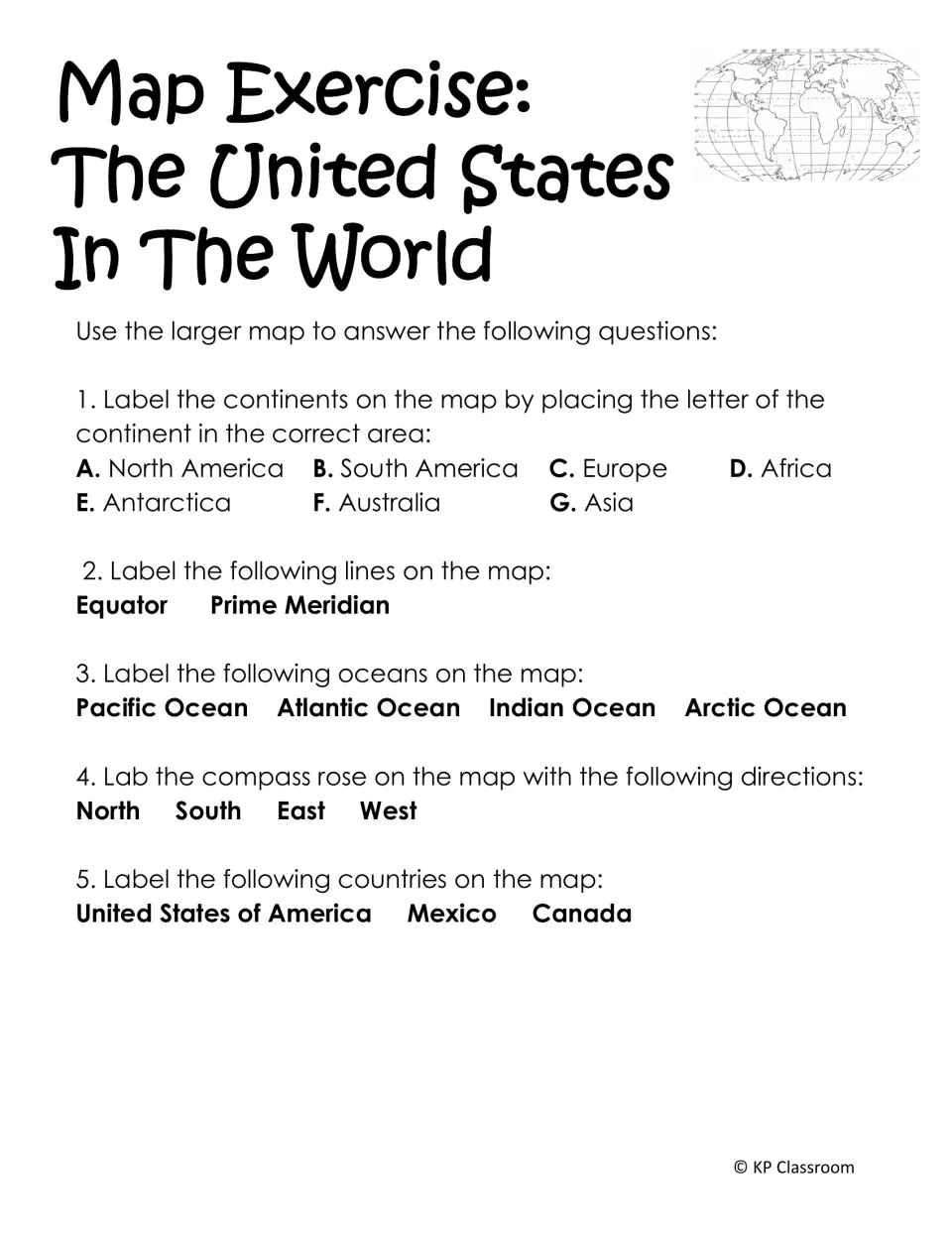 Map labelling task: students mark 7 continents, equator, prime meridian, 4 oceans, compass points, US, Mexico and Canada