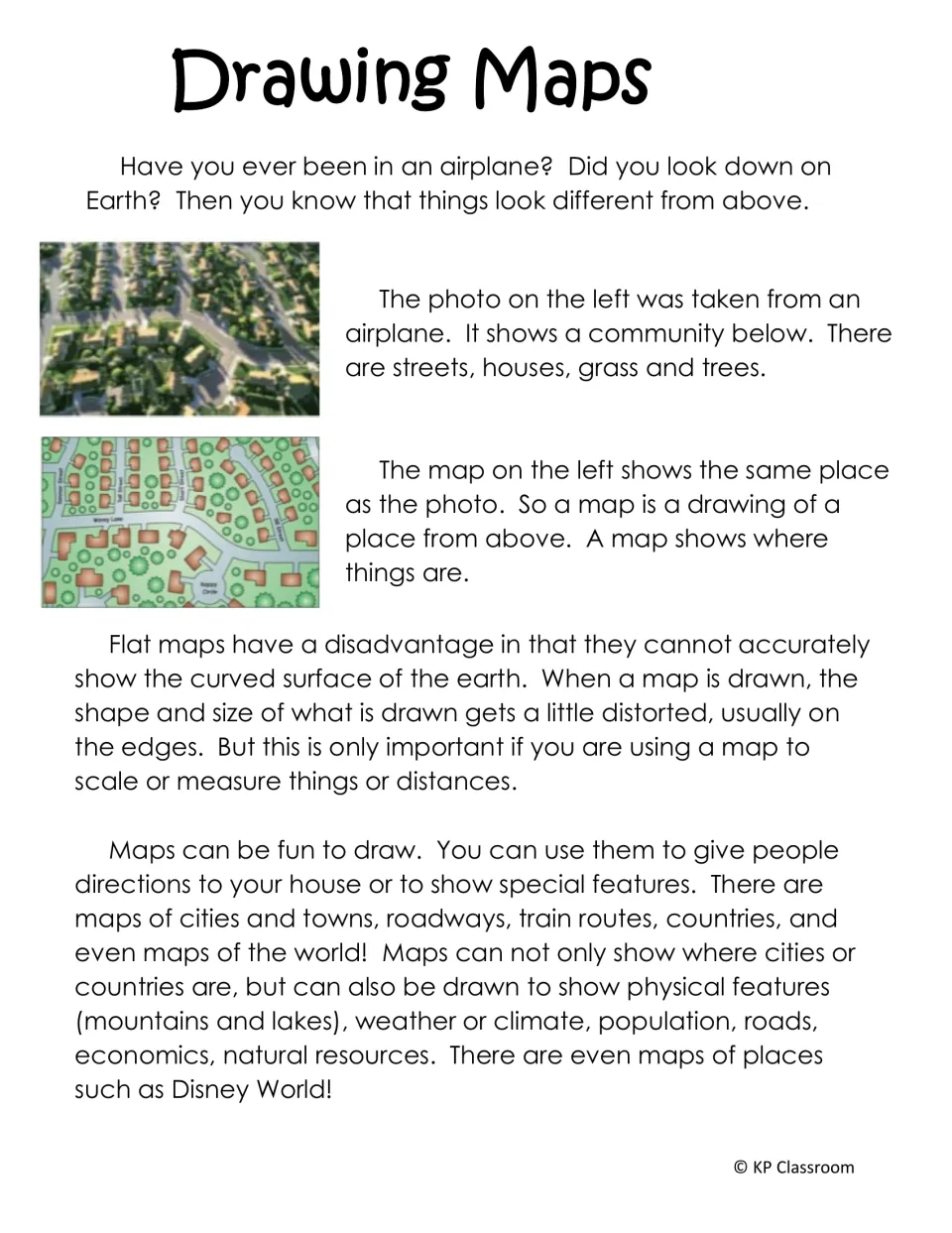 Drawing Maps passage comparing an aerial photo of a neighbourhood with its map, plus map distortion and kinds of maps
