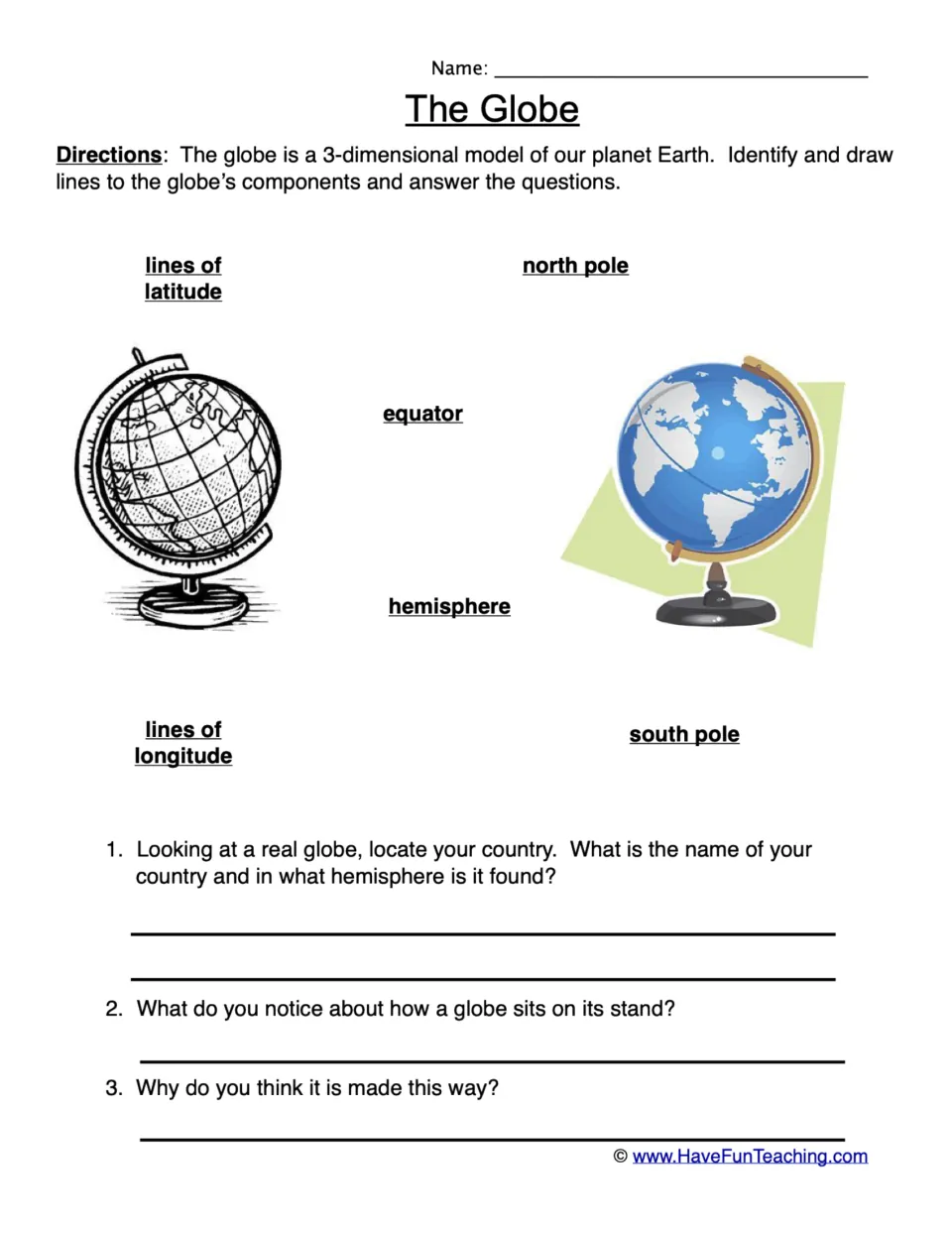 The globe parts: students draw lines from labels like equator and north pole to two globes, then answer 3 questions