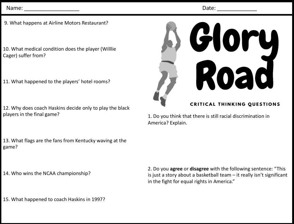 Movie guide questions 9–15 cover racism and the championship, followed by two critical thinking questions.