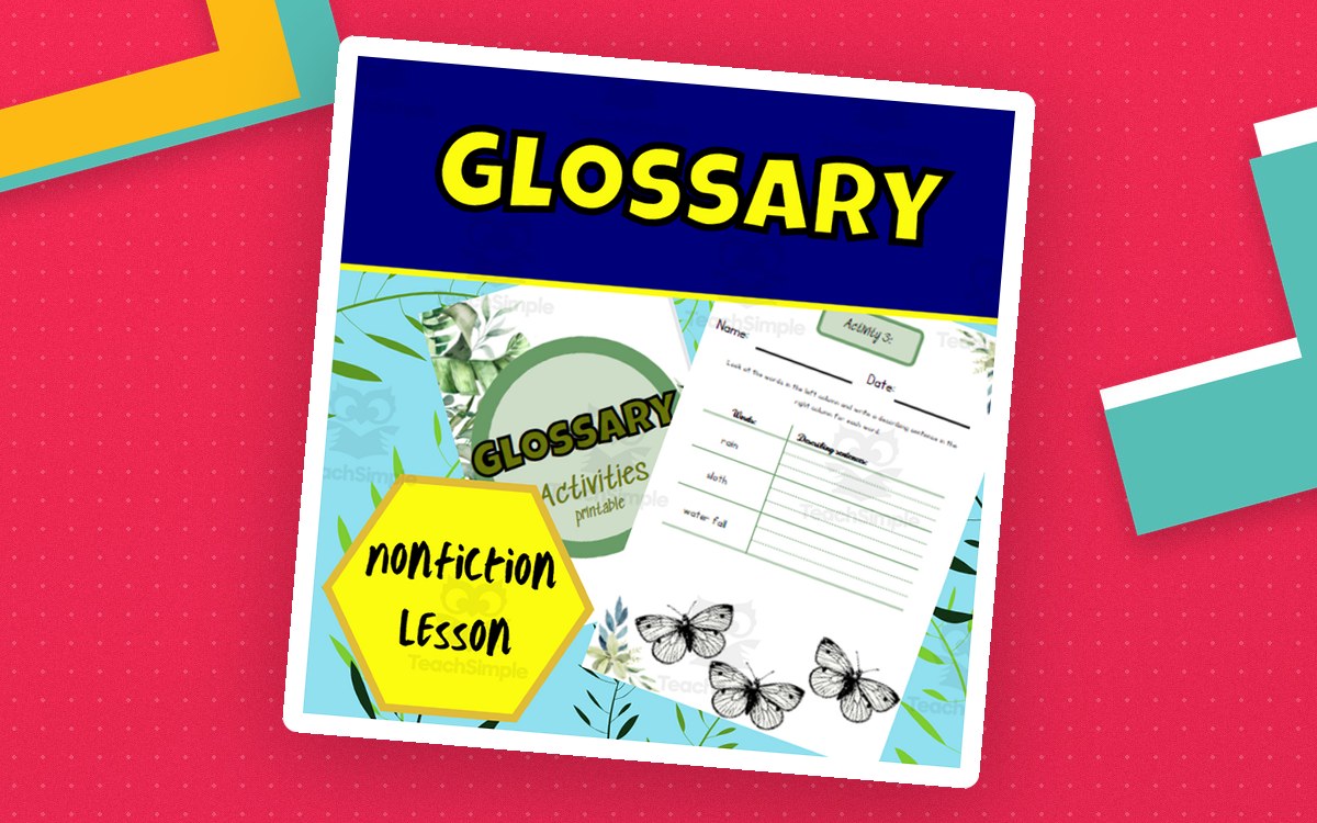 Glossary activities cover with rainforest leaves, worksheet previews, and nonfiction lesson badge.