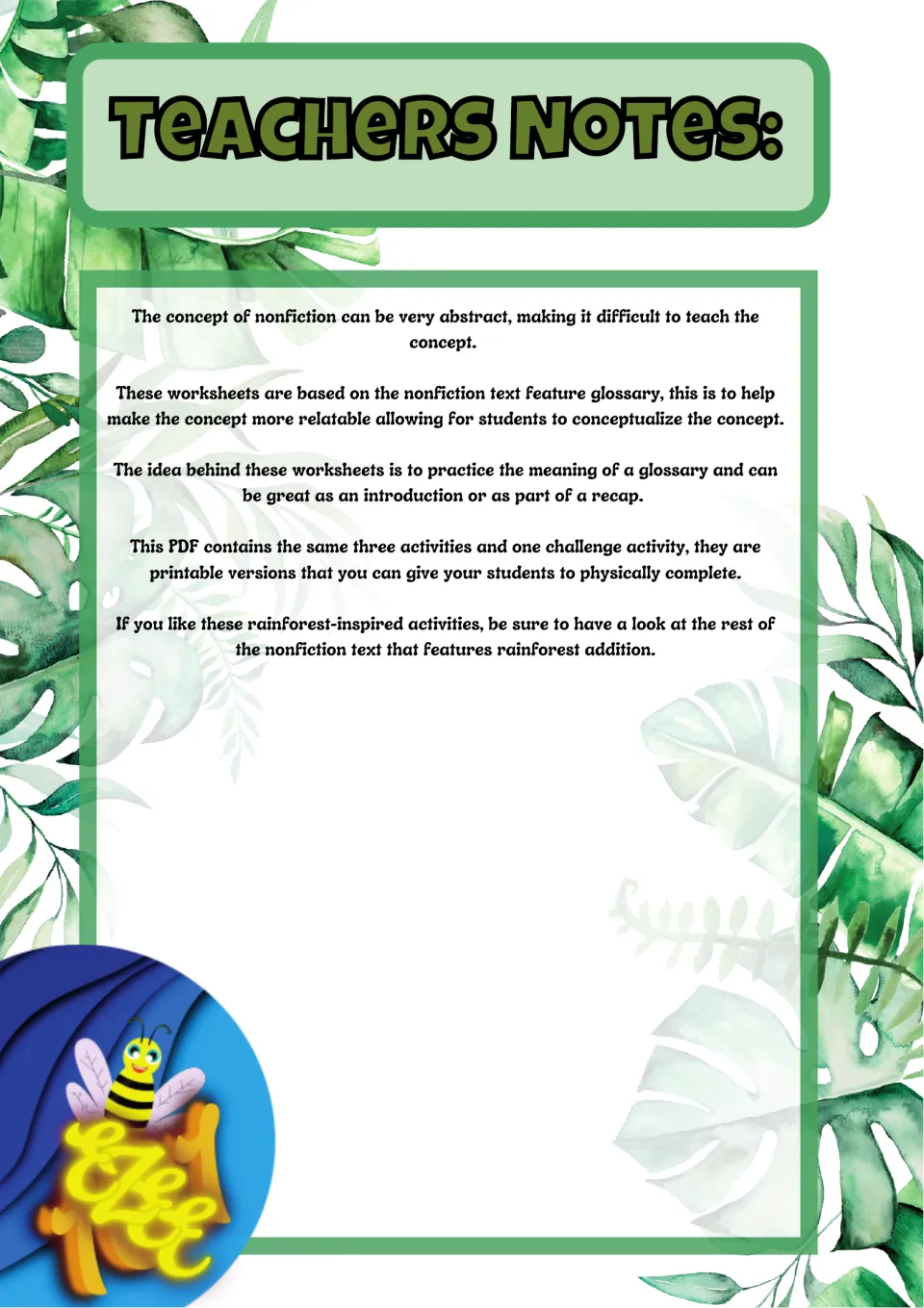 Teacher notes explaining the set uses the nonfiction text feature glossary for introducing or recapping word meaning