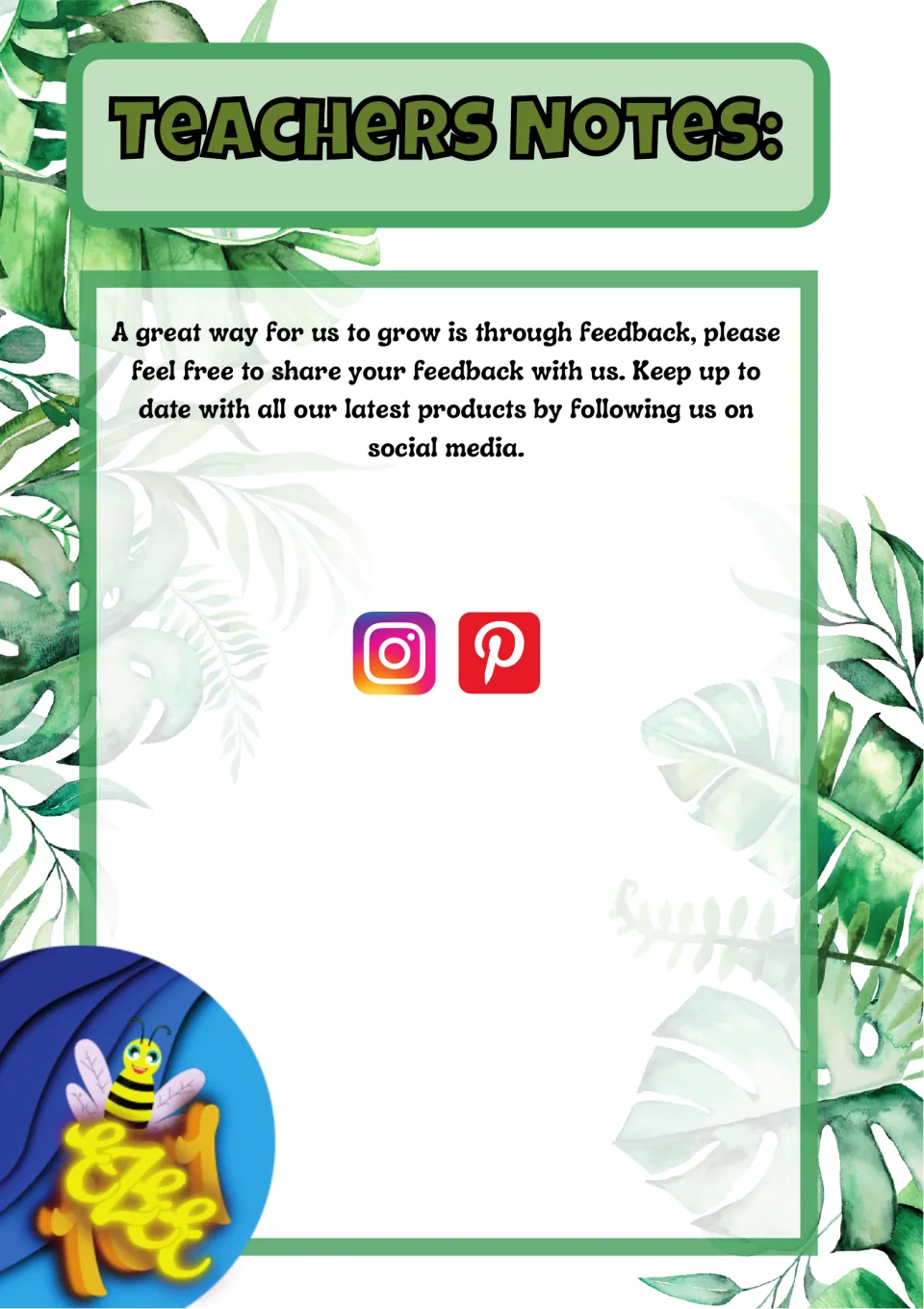 Teacher notes page inviting feedback and pointing to the author's Instagram and Pinterest accounts for new products