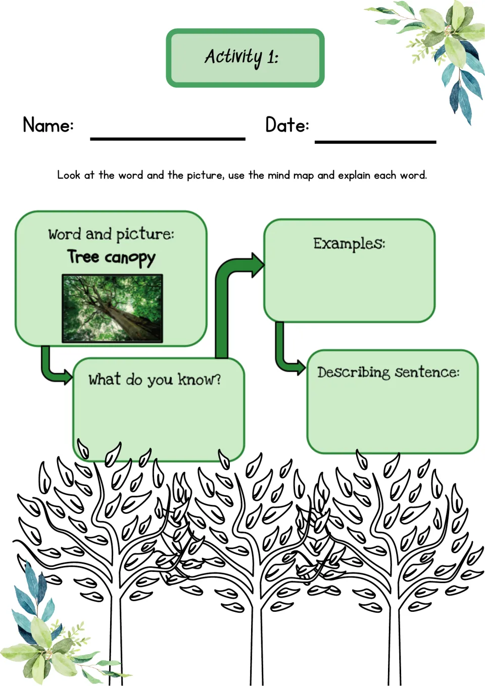 Activity 1 vocabulary mind map: students study the word tree canopy and its photo, then add what they know and examples