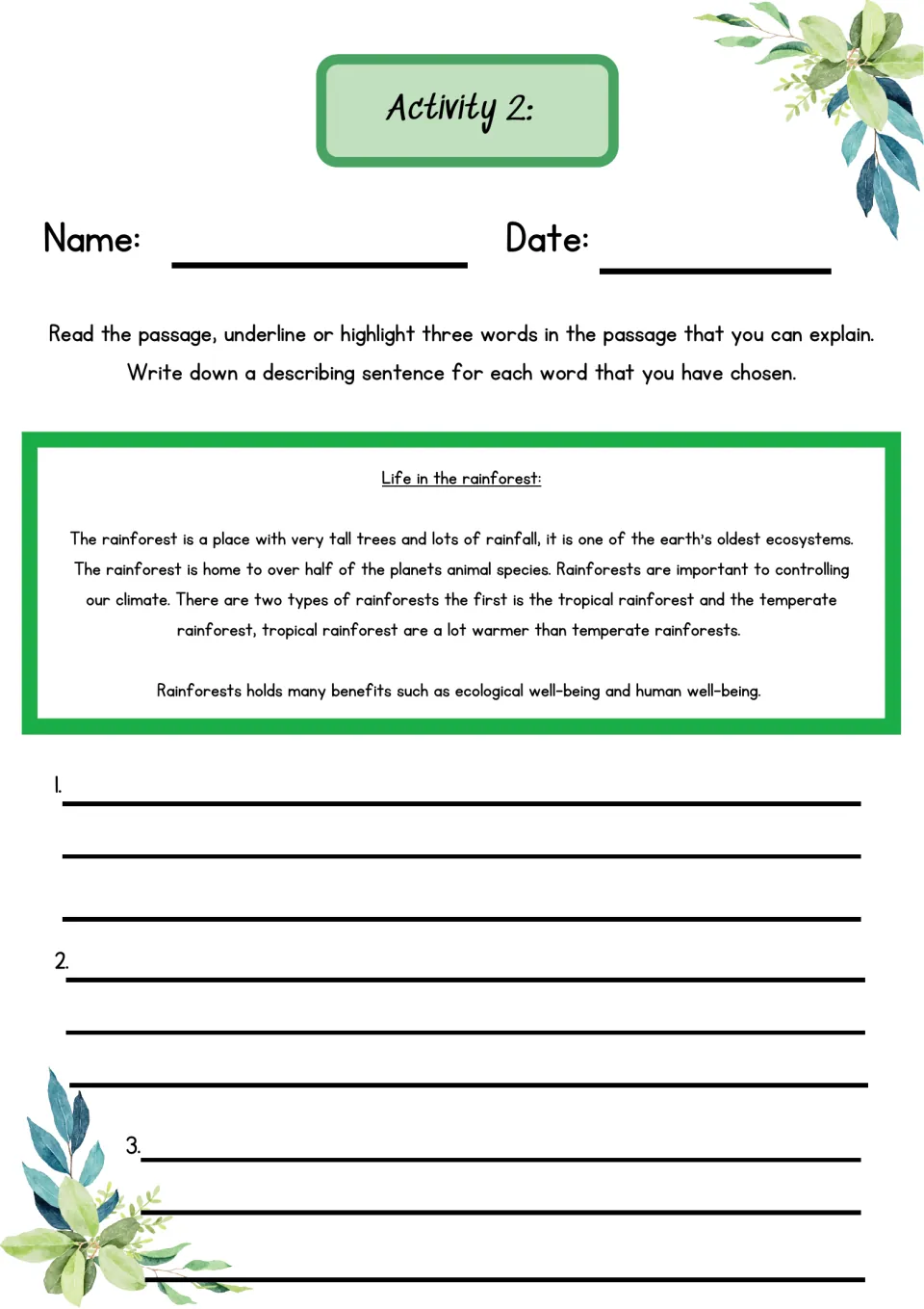 Activity 2 rainforest passage: students highlight three words they can explain and write a describing sentence for each