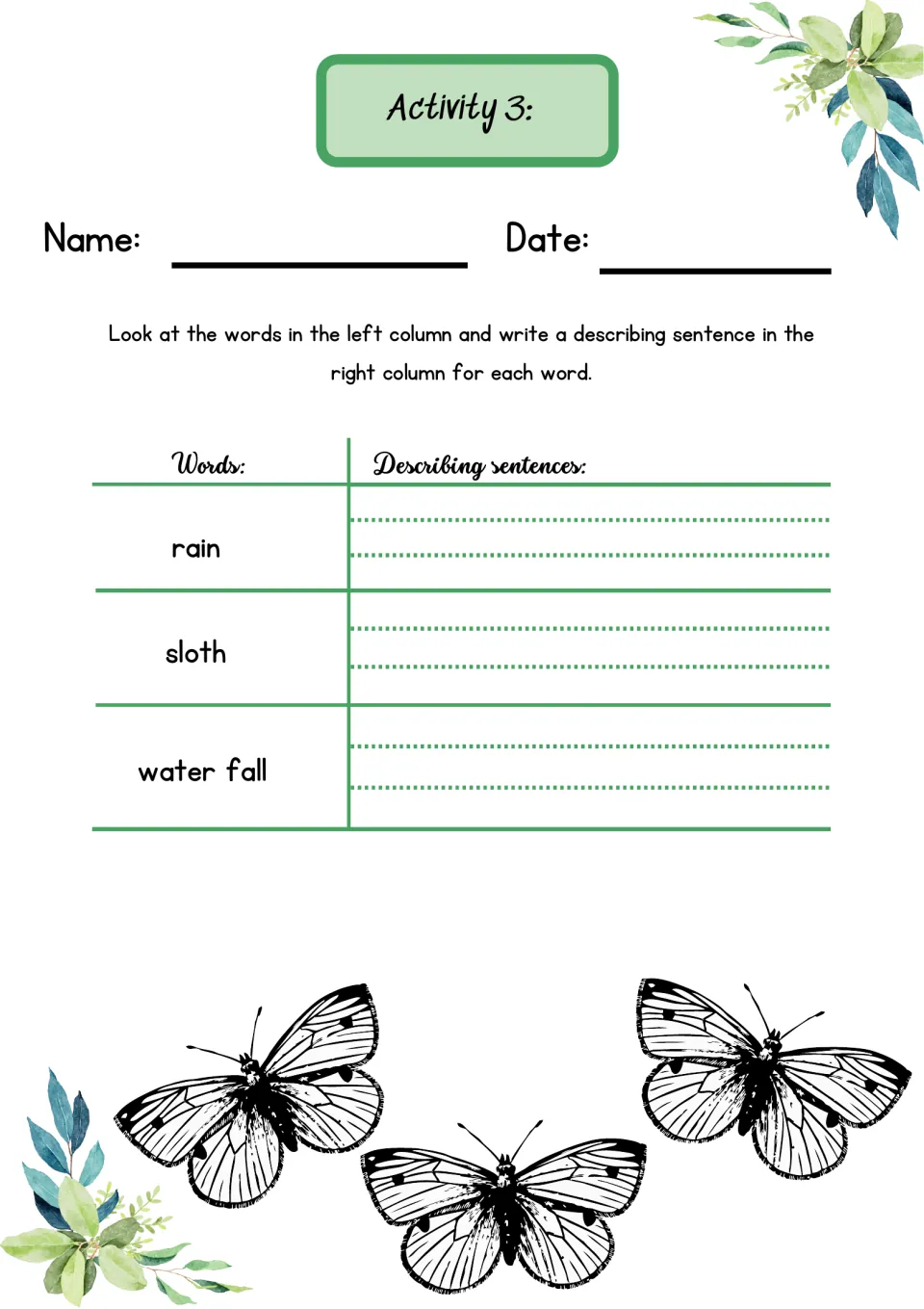 Activity 3 describing sentences: students write a sentence explaining each of the words rain, sloth and water fall