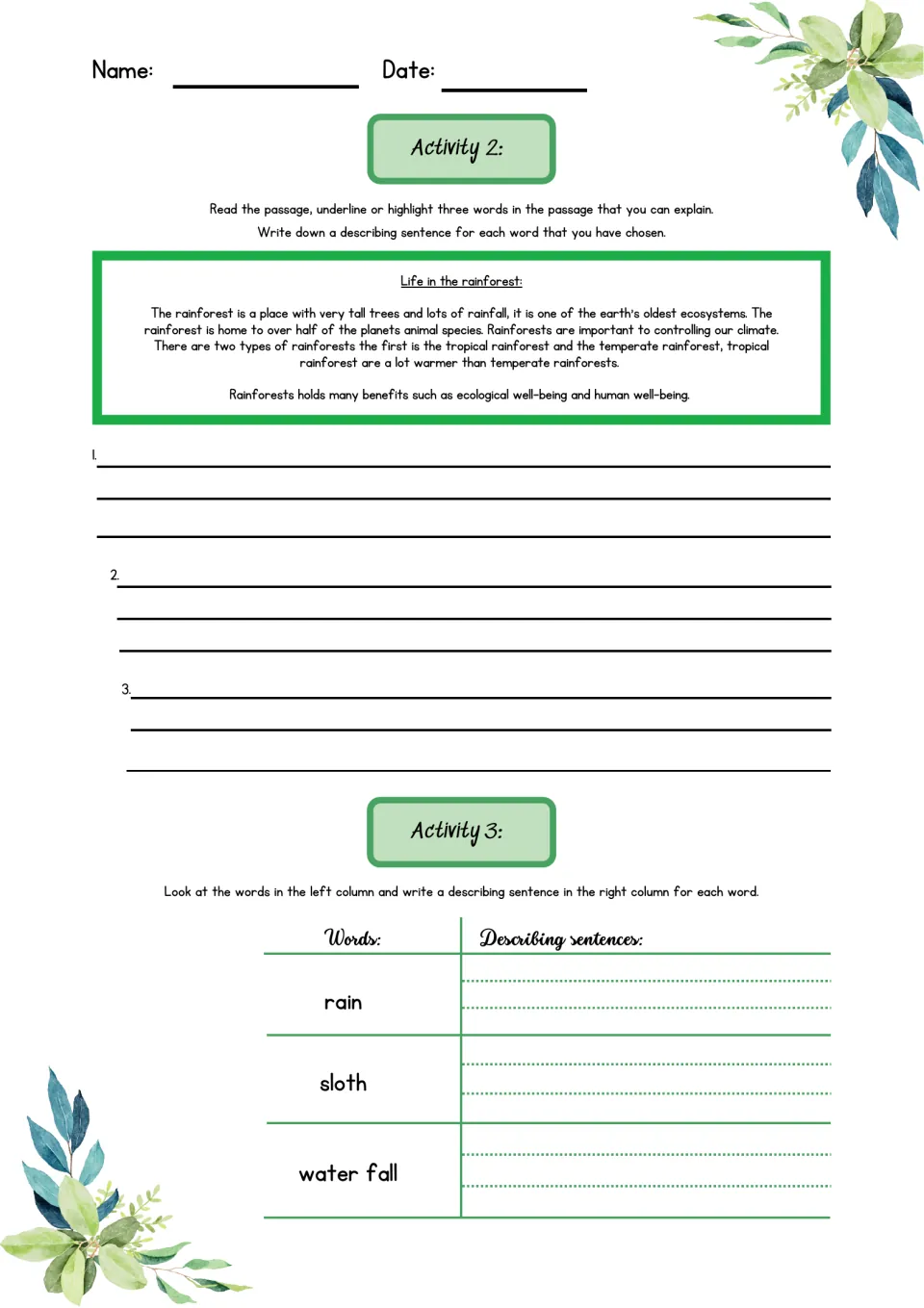 Activities 2 and 3 on one page: mark words in the rainforest passage, then write sentences for rain, sloth, water fall