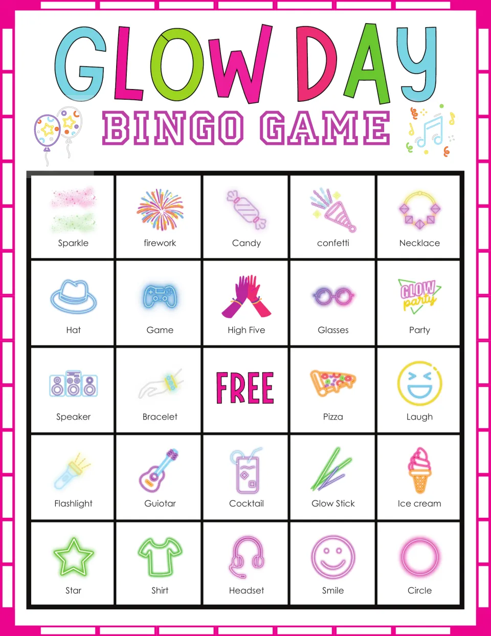 Glow Day bingo card: students mark labeled neon pictures, starting with sparkle, firework, candy, confetti and necklace