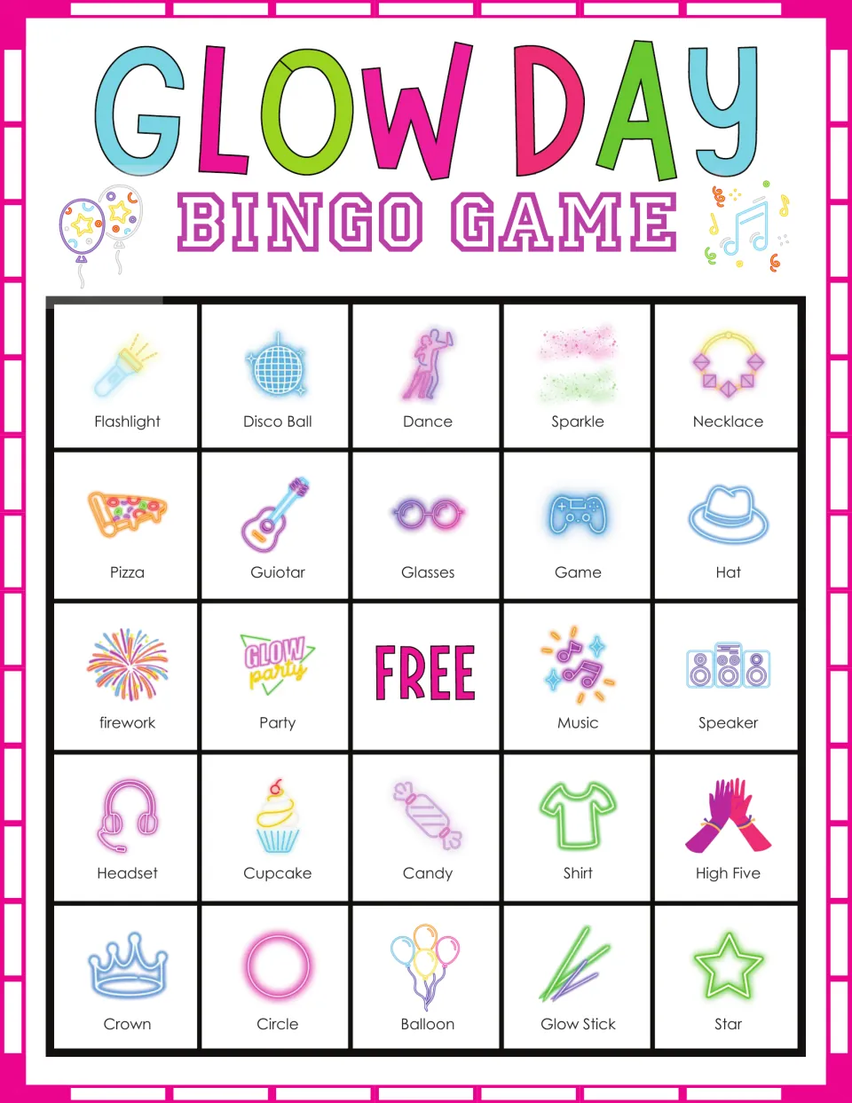 Glow Day bingo card: students cover called pictures like flashlight, disco ball, dance, sparkle and necklace to get five